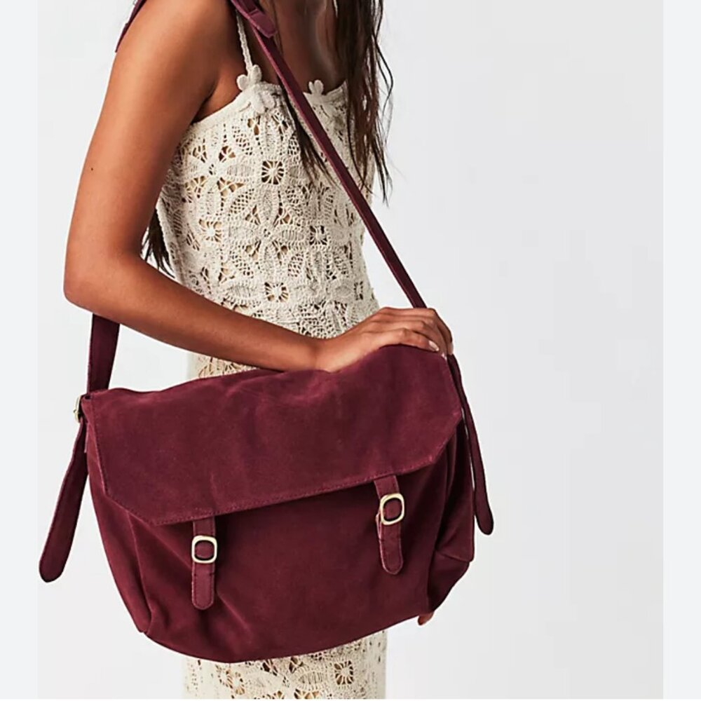 Free People Suede Messenger Bag in Burgundy
